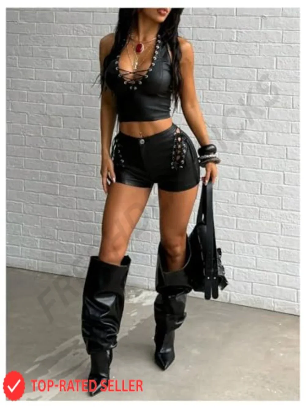 Faux Leather Lace Up High Waisted Mini Shorts Y2K Rave Night Out